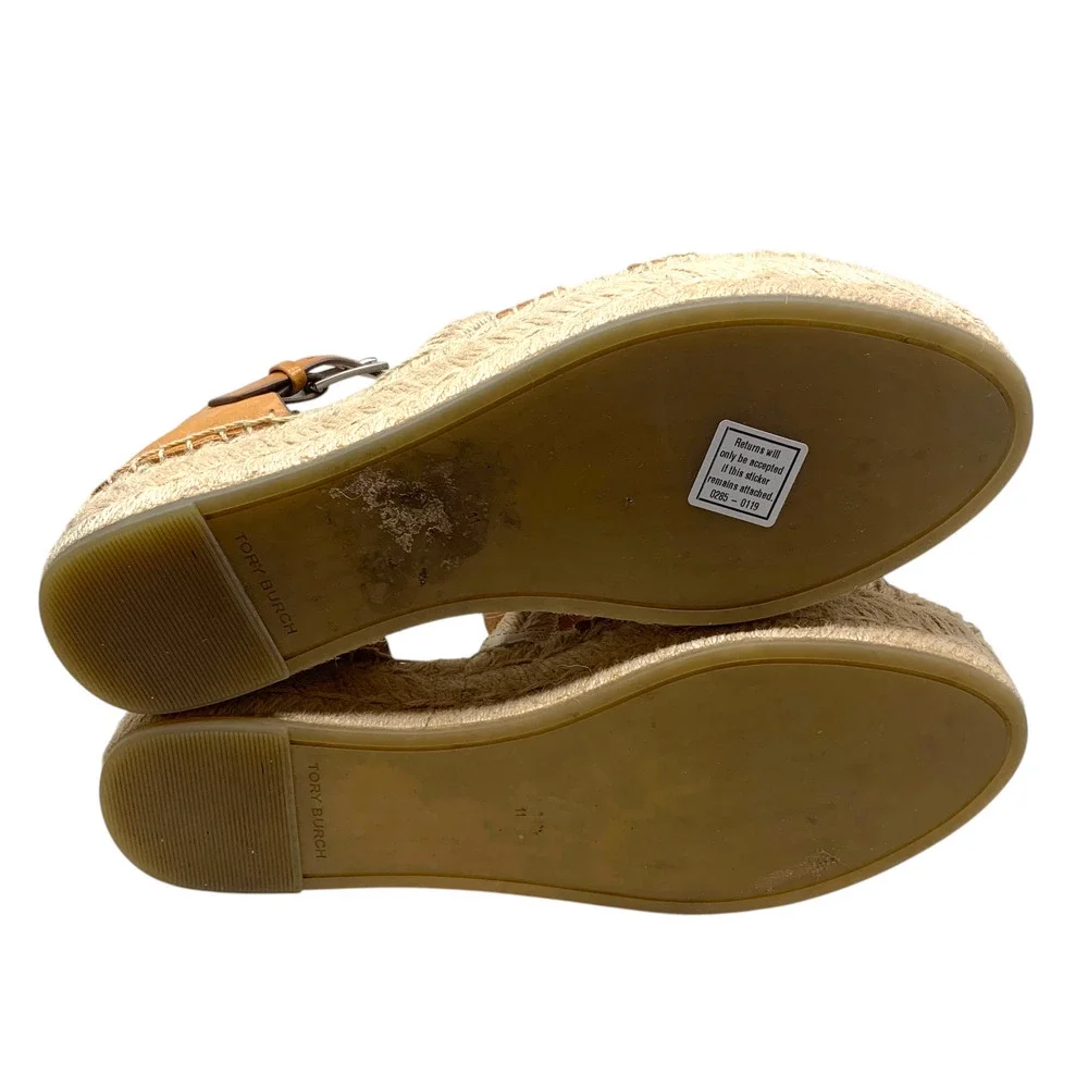 Tory Burch Sz 11 Fisherman Platform Espadrilles Silver/Brandy Leather Nautical